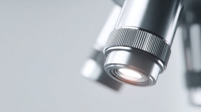 Minimalist science aesthetic, close up of a premium microscope objective lens illuminated by clean white studio lighting, blurred laboratory
