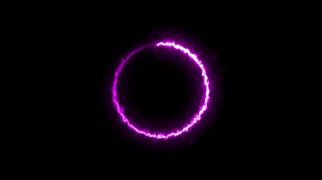 Glowing purple electric energy ring animation with plasma shockwave portal effect, burning magenta neon circle lightning loop on dark background for sci-fi HUD, magic portal, power burst, energy frame