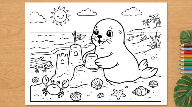 A cute seal building a sandcastle on a sunny beach coloring page featuring crabs and seashells for children to enjoy creative coloring