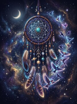 detailed Macro photo of dreamcatcher with surreal elements 2k showing abstract micro structural details and textures with professional studio lighting