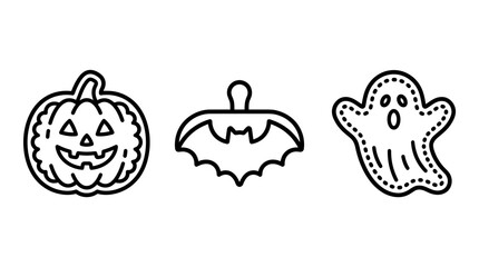 Fototapeta premium Set of three simple halloween holiday linear icons featuring jack o lantern pumpkin bat and spooky ghost design halloween jackolantern celebration minimalist illustration collection creature