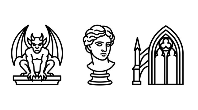 Set of historical and architectural line art icons showcasing a gothic gargoyle a classical marble bust an arched gothic window gargoyle architecture classical sculpture building cathedral