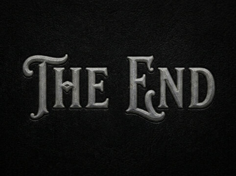 The End phrase displayed in sophisticated metallic embossed typography set against a premium dark leather background surface for cinematic or creative project finales