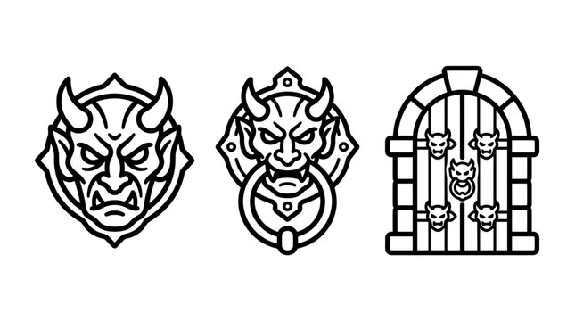 Demon head icons and gothic portal gate vector set with elements architecture entrance medieval creature mythology illustration collection minimalist pictogram mythical halloween ornament