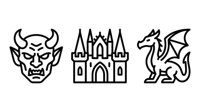 Demon face and castle tower with dragon silhouette set creature elements architecture fortress medieval mythology illustration collection minimalist pictogram mythical halloween ornament