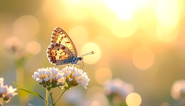 Mariposa posada sobre peque&ntilde;as flores blancas iluminadas por luz dorada con fondo desenfocado