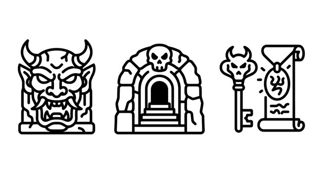 Fantasy dungeon artifacts and demon statue icon collection with artifact mythology adventure talisman mysterious enchanted creature collection isolated minimalist supernatural