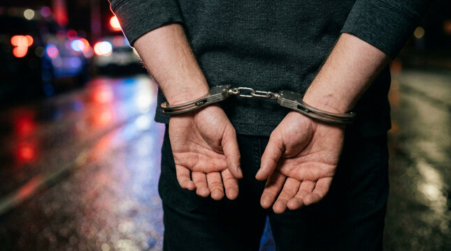 Man in Handcuffs Arrested at Night - Police Car Lights in Background