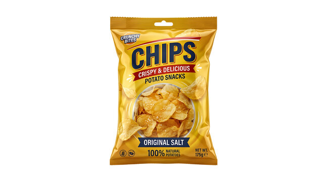Potato chips snack bag package isolated on white background with fast food
