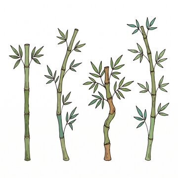 Hand drawn bamboo plant stems with green leaves set isolated on white background, Vector, illustration