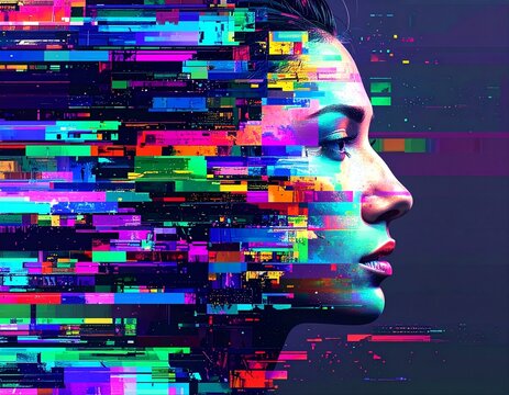 Artificial intelligence female portrait with colorful digital pixel glitch effect abstract background