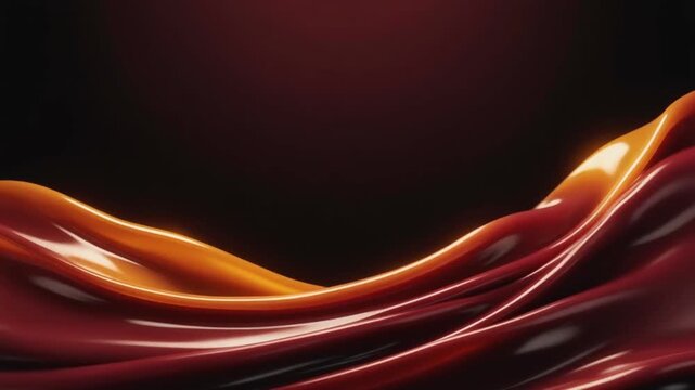 Molten burgundy and amber wax cascades into glossy ribbon-like layers against deep charcoal, illuminated by warm light in a tactile cinematic macro composition with generous copy space.