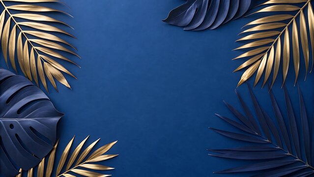 Minimalist flat lay background with luxurious deep royal blue surface and golden tropical palm leaves