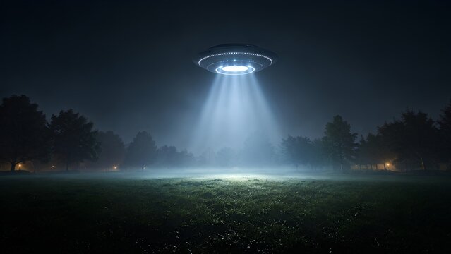 UFO Hovering Over Mysterious Field at Night with Blue Alien Light Beam