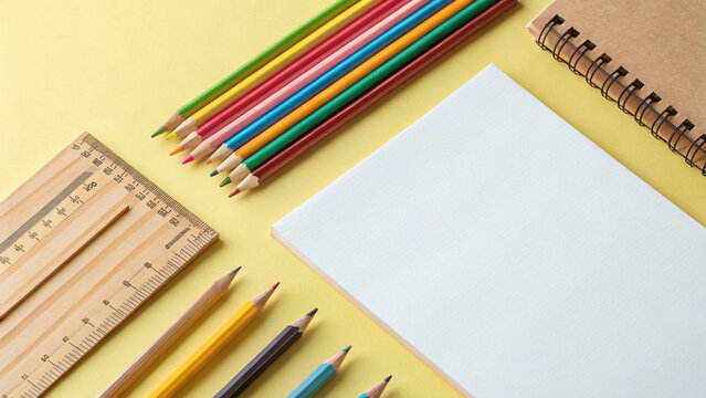 School supplies and notepad on yellow background