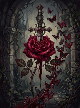 high detailed Macro photo of dagger piercing rose 2k showing abstract micro structural details and textures with professional studio lighting