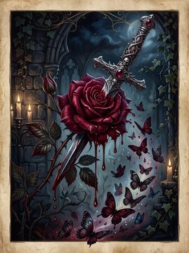 high detailed Macro photo of dagger piercing rose 2k showing abstract micro structural details and textures with professional studio lighting