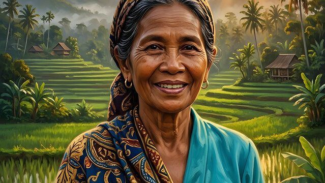 Smiling Balinese Elder in Lush Tegallalang Rice Terrace Cinematic Portrait