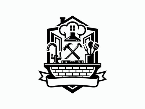 Black and White Emblem of Home Renovation Tools, Kitchen and Plumbing Fixtures