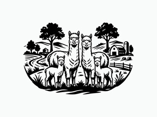 Naklejka premium Black and white illustration of alpacas on a farm in linocut style