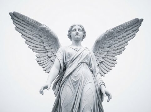 Statue of a beautiful angel with spread wings isolated on white background