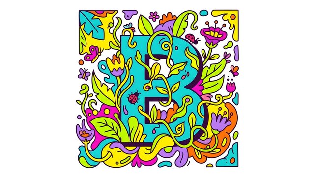 Hand drawn floral letter B monogram vector illustration with colorful botanical flowers leaves and whimsical doodle elements