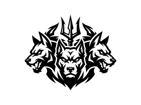 Fierce Three-Headed Wolf Mascot Logo with Trident - Black and White Vector Emblem for Esports Gaming