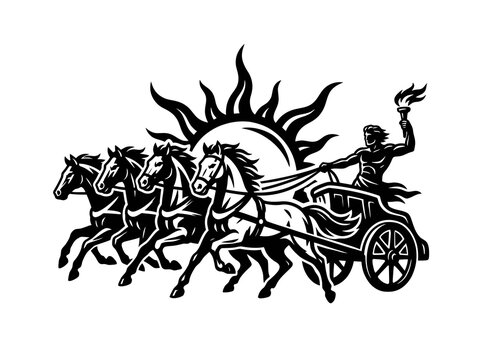 Mythology Sun God Helios Chariot Four Horses Torch Black White Silhouette Vector Illustration