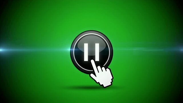 A digital cursor hovers over a pause button on a green gradient background.
