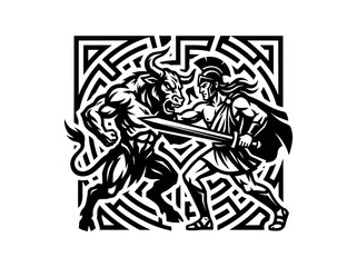 Fototapeta premium Black and white illustration of a Minotaur battling a warrior in a maze