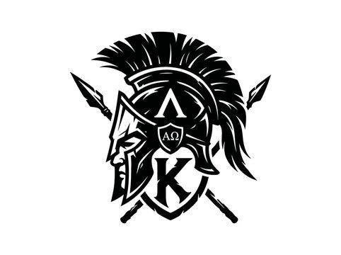 Spartan Helmet with Crossed Spears and Greek Letters. Monochrome Stylized Vector Illustration for Ancient Military and Sports