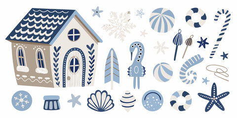 Gingerbread house and winter themed elements vector illustration © Tulika
