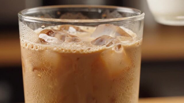 Pouring Cream into Iced Coffee Drink with Ice Cubes in Glass