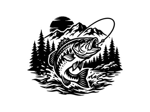 Outdoor Fishing Vintage Engraving Line Art of Bass Fish Jumping with Hook in Mountain Lake Landscape