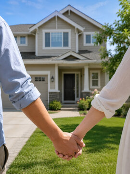 A happy young couple smiling proudly while holding house keys in front of their newly purchased modern home, real estate and new beginning concept
