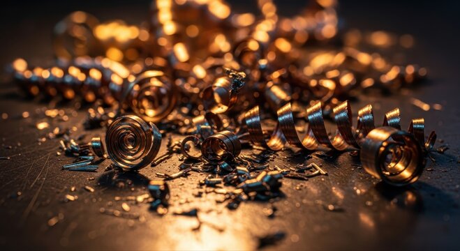 Close up of intricate copper and metal shavings piled on a dark surface, showcasing industrial manufacturing remnants