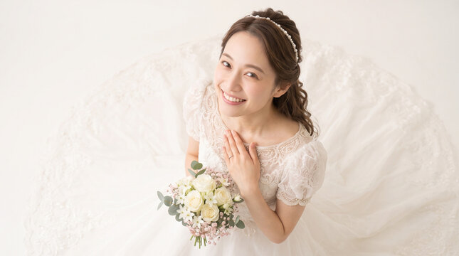 High angle portrait of beautiful Japanese bride sitting in white dress