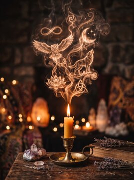 detailed Macro photo of lit candle with smoke shapes showing abstract micro structural details and textures with professional studio lighting