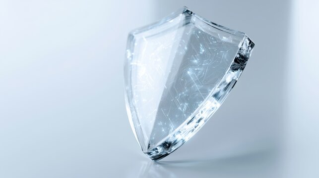 A crystal clear shield symbol reflecting a subtle network of connections, representing security and protection in a digital world