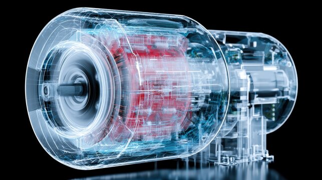 A 3D render of a high-tech industrial electric motor, showcasing its internal components and intricate design in a vibrant blue and red hue.