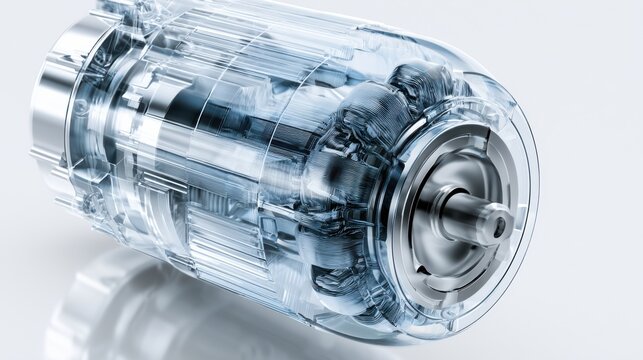 Transparent electric motor with internal workings visible, showcasing advanced engineering and technology