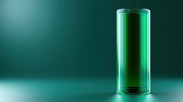 A vertical cylinder filled with glowing green liquid, illuminated against a dark teal background
