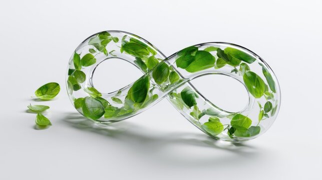 An infinity symbol made of clear glass filled with lush green leaves, representing endless growth and nature