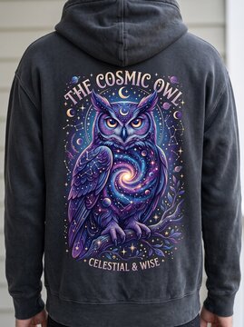 field of depth focus sharp quality high detailed Professional macro close-up photography of a cosmic owl with galaxy chest design