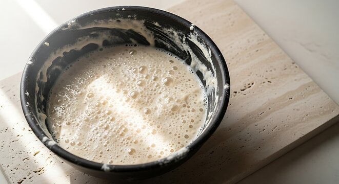 Creamy Batter in a Black Bowl on Light Wooden Board