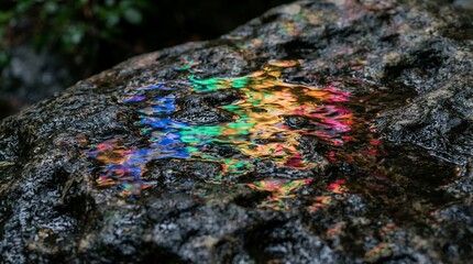 Obraz premium Rainbow light reflection on dark textured surface.