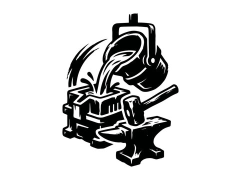 Industrial Metalworking Black and White Woodcut Icon: Molten Metal Casting, Anvil and Hammer