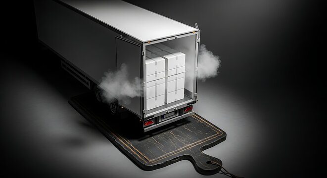 Industrial Truck with Cargo Containers Emitting Steam at Dock