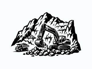 Obraz premium Black and White Line Art of Excavator and Dump Truck in Quarry