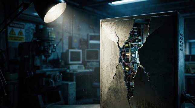Damaged industrial casing revealing intricate internal circuitry with exposed wires in a dimly lit workshop.